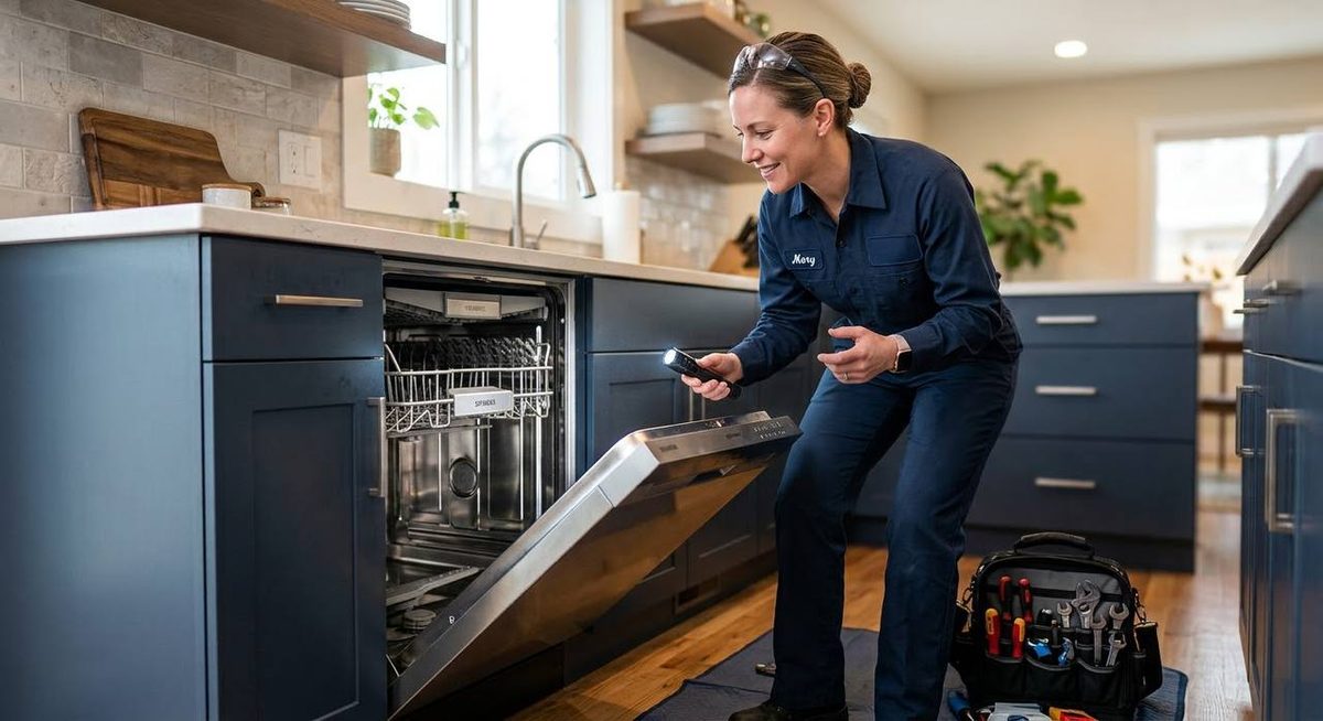 Mary examining an open dishwasher rack with a flashlight in a navy kitchen