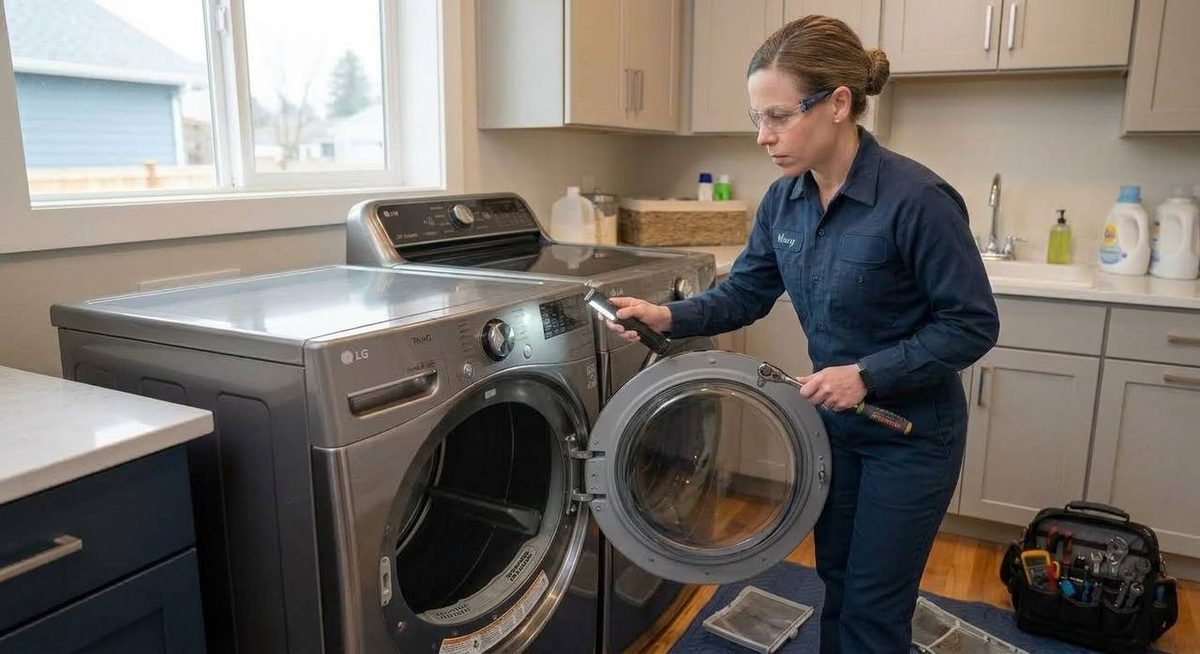 Mary checking the drum and door of an opened dryer beside its matching washer