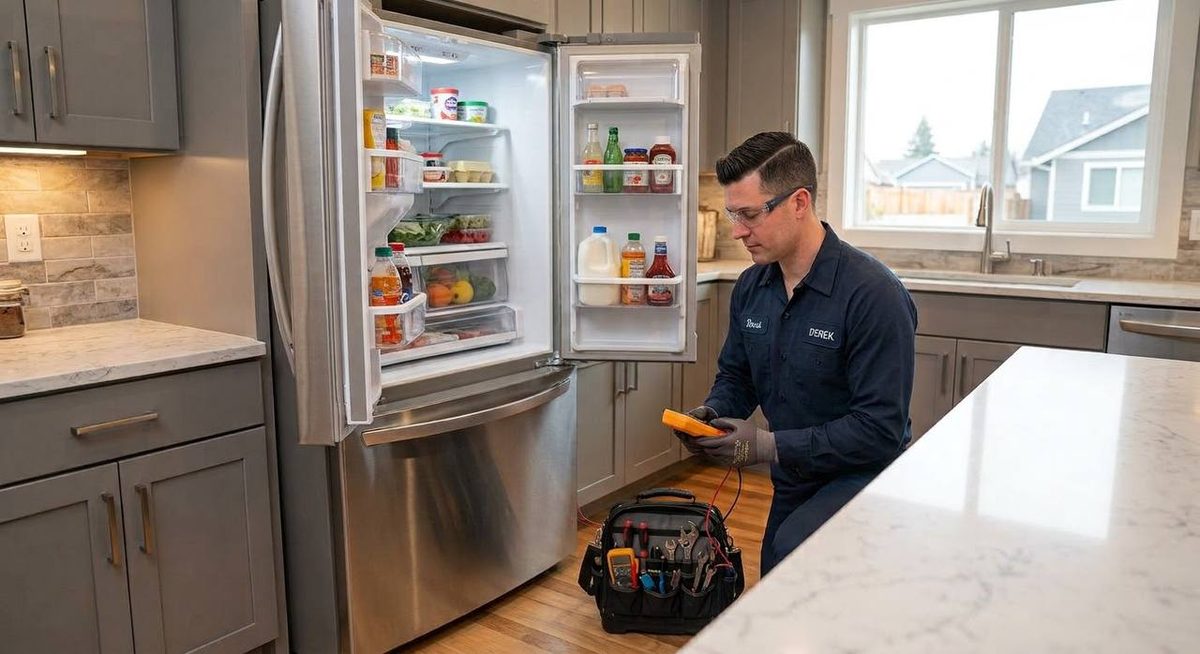 Derek metering a French-door refrigerator with both doors open and the tool bag staged