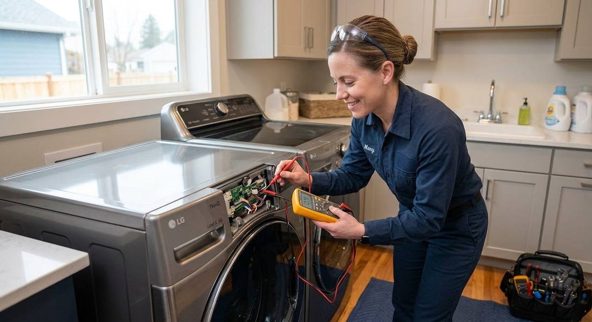 Mary testing a washer control board with a multimeter through the open service panel